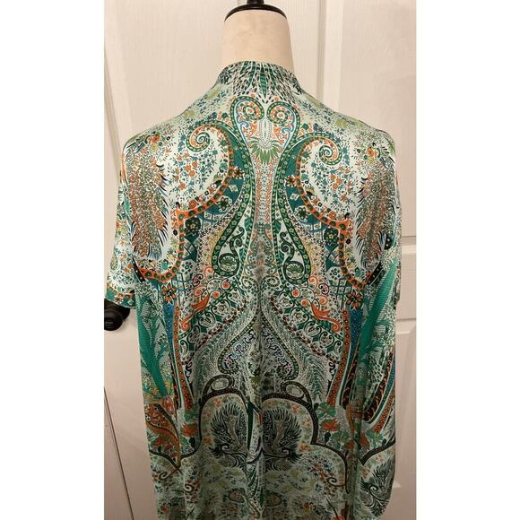 ACOA Green Bohemian Paisley Printed Longline Open Satin Kimono, S/M - Picture 7 of 7